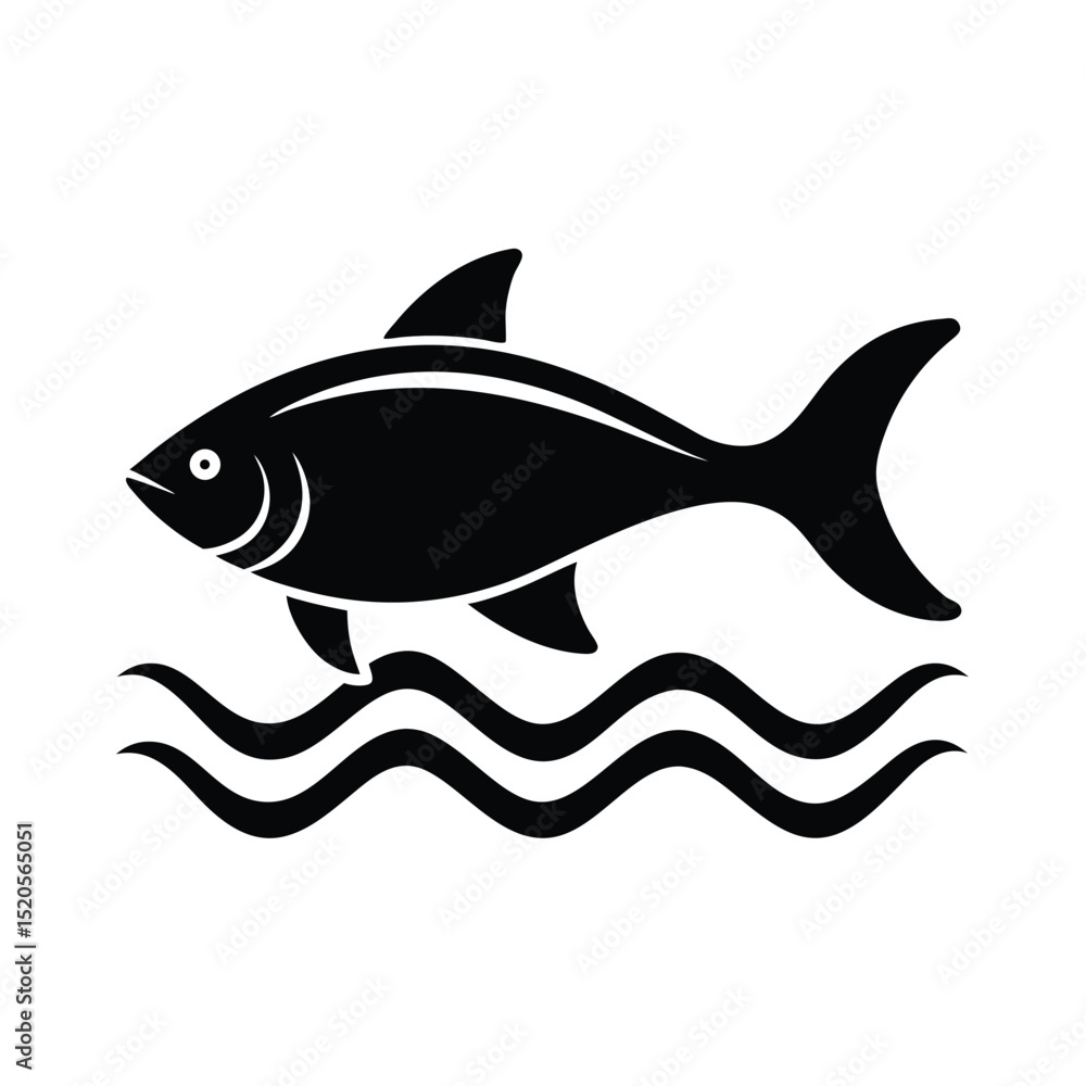 Fototapeta premium Fish Swimming in Waves Ocean Silhouette Icon Vector Illustration