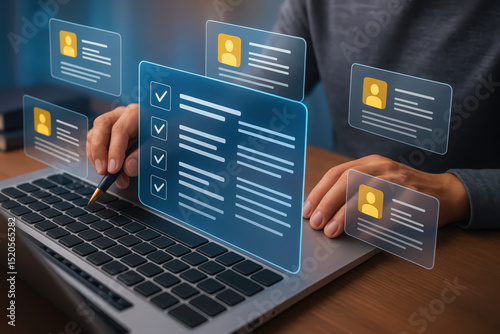 A person uses a laptop to manage digital tasks, with a checklist and user profiles displayed on the screen. This setup represents efficient workflow and project organization in modern business