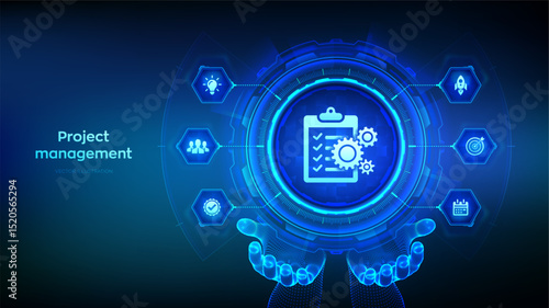 Project management icon in wireframe hands. Effective time planning technology concept. Project development. Business target. Company strategy. Vector illustration.