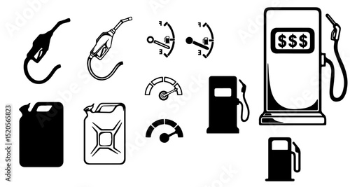 Gas Station & Fuel Icons: Pumps, Nozzles, Jerry Cans, and Gauges Set