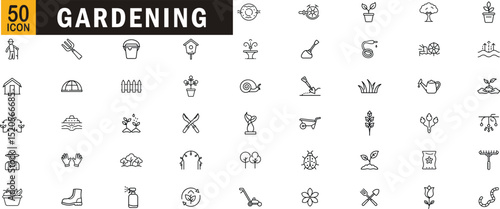Gardening editable outline icon set. Plants, tools, farming, nature, greenhouse, vegetables and more.
