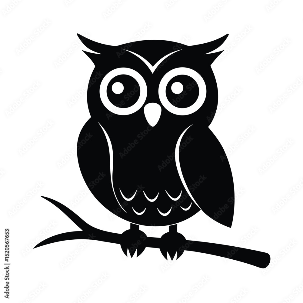 Fototapeta premium Owl with Big Eyes Perched on Branch Silhouette Icon Vector Illustration