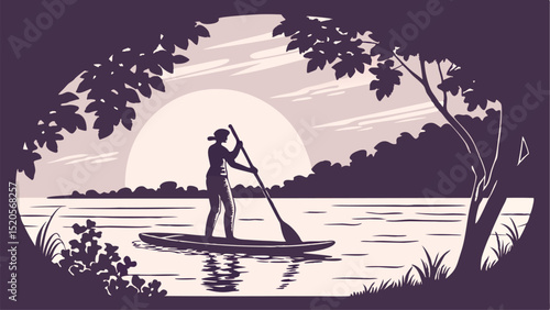 Woman paddleboarding on lake at sunset peaceful outdoor activity paddle board yoga water sport recreation 100