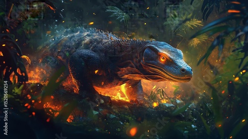 A fierce Komodo dragon, fantasy style, crawling through a jungle, glowing ember lighting, with vines and glowing plants around it