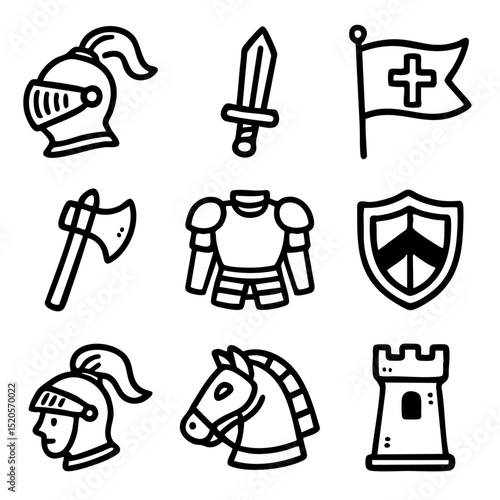 A set of doodle line icons featuring medieval elements such as knight helmet, sword, armor, shield, horse, flag, and castle tower