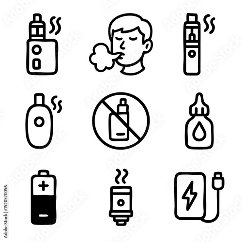 A set of doodle line icons related to vaping, including e-cigarettes, vape juice, battery, charging, no vaping symbol, and vapor clouds
