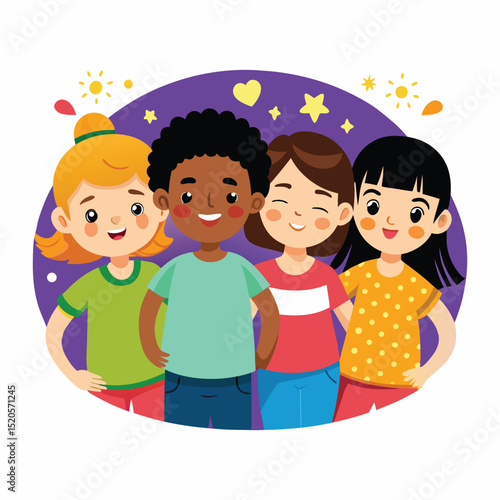Happy cartoon children playing with balloons and gifts, smiling with joy