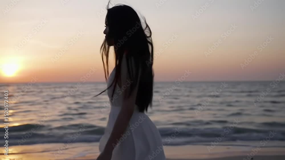 Silhouette of Woman, Sunset Beach Walk, Ocean Breeze, Serene Evening Silhouette of Woman, Sunset Beach Walk, Ocean Breeze, Serene Evening