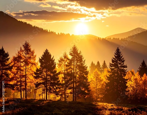 Fototapeta Naklejka Na Ścianę i Meble -  Golden sunset over a mountain forest