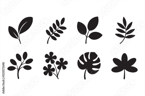 Bold Black Plant and Leaf Shapes in Modern Silhouette Style for Natural Product Labeling and Eco Visuals