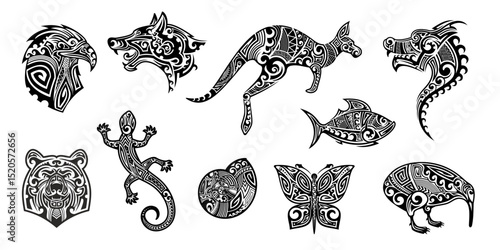 Maori tribal animal tattoo set of Polynesian or Hawaiian pattern ornament, vector art design. Abstract Maori tribal tattoo of totem wolf or eagle and kangaroo with lizard and dragon with butterfly