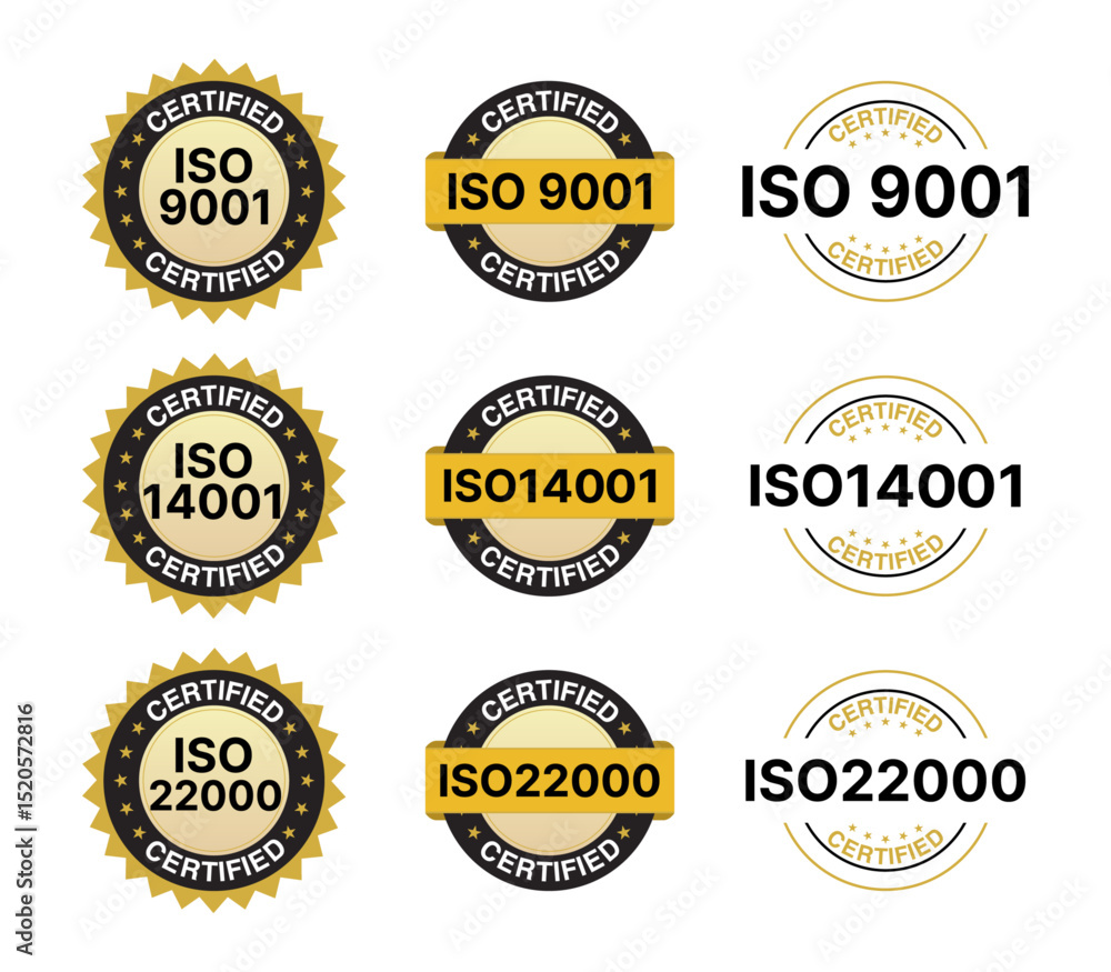 Fototapeta premium ISO Certification Badge Set – ISO 9001, ISO 14001, ISO 22000 Certified Stamps and Labels, Vector Line Style Icons