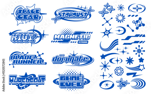 Y2k streetwear label icons and signs in bold blue color. Vector set of futuristic retro emblems with typography like game over, space gear, magnetic, riot and blade runner, stars, comets and glitch