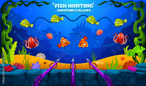 Underwater animals hunting carnival shoot game, shooting range gallery. Vector amusement park shoot game booth with cartoon octopus, fishes and sea shells at underwater landscape, carnival shoot range