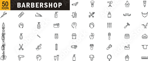 Barbershop editable outline icon set. Haircut, shaving, grooming, beard care, hair styling, salon tools and more.
