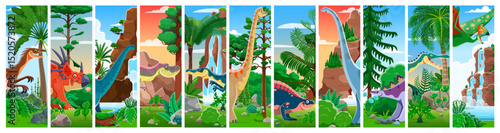 Prehistoric dinosaur characters collage with Jurassic era lizards and reptiles, vector cartoon background. Kids dino world collage of giant dinosaurs, prehistoric birds and lizards in jungle forest