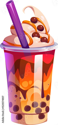 Milk bubble tea, cartoon milkshake drink glass cup with drinking straw, vector dessert. Milk bubble tea or sweet beverage of chocolate, caramel on whipped cream with boba pearls for milkshake menu