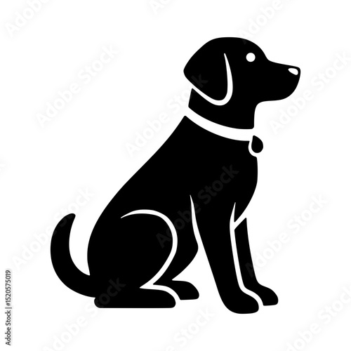 Detailed sitting dog icon — black vector silhouette with nose, eyes, and collar features