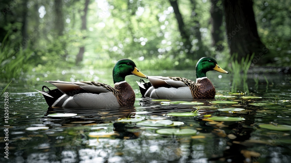 Obraz premium Mallard Ducks Serenely Swimming in a Lush Green Forest Pond