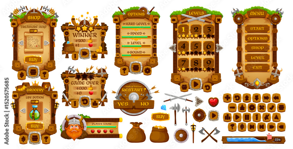 Vikings game interface asset. Vintage medieval GUI elements and buttons, vector UI. Cartoon viking weapon, helmets, shields and swords wood sign board frames, game interface menu panels, war ship bars