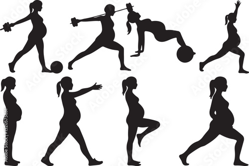 Pregnant woman exercise silhouettes vector