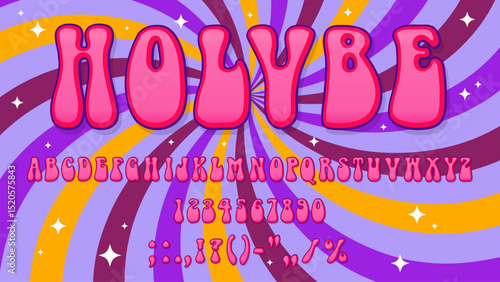 70s groove font, groovy type, hippie typeface, 60s retro funky alphabet on psychedelic color swirl vector background. Vintage groove english alphabet font of bold red letters and numbers with stars
