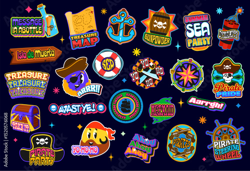 Y2k piracy groovy stickers, pirate funky patch labels with skulls, compass, treasure map, pirate hat, anchor, weapons and funny slogans. Vector set of decorative badges for pirate party or decorations