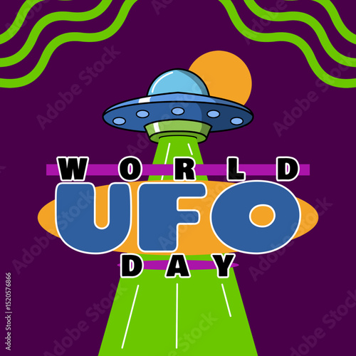 World UFO Day to celebrated on July 2nd. Illustration of a flying saucer emitting its light beam on a purple background.