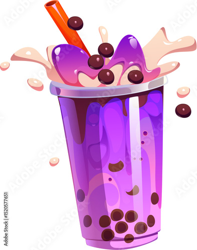 Cartoon milk bubble tea glass. Vector vibrant purple and pink drink with tapioca boba pearls in a transparent plastic cup, topped with orange straw, and dynamic splashes of sweet liquid beverage