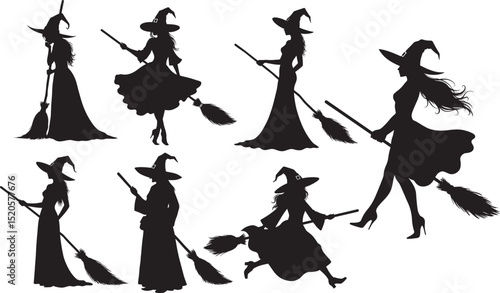 Halloween witch in long skirt with broomstick silhouette vector illustration