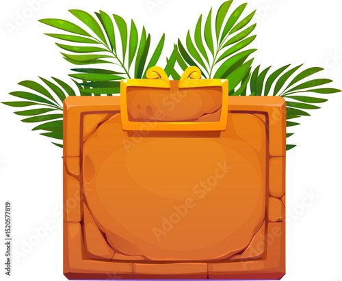 Cartoon jungle stone frame, game board. Vector square rock slab plaque with tropical palm leaves wand th carved border. UI template for jungle themed menu interface, gui panel with exotic foliage