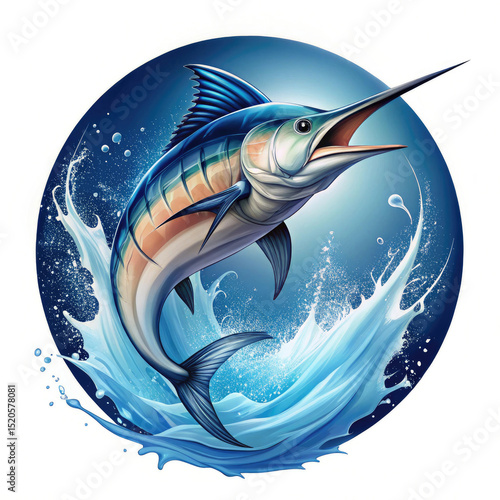 Jumping marlin fish logo in blue water hi quality image.