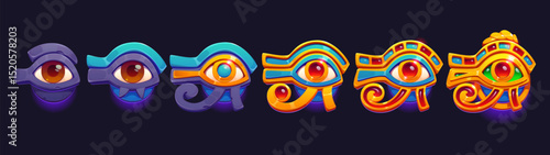 Horus eye rating rank badge, level progress stage of Egypt game. Cartoon vector Egyptian artefact, mystical reward or achievement symbol progression from basic to legendary. Sacred ancient eye UI icon
