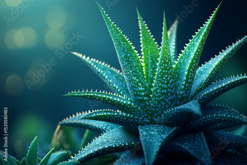 Closeup of Green Aloe Plant with White Spots and Serrated Edges on a Dark Background