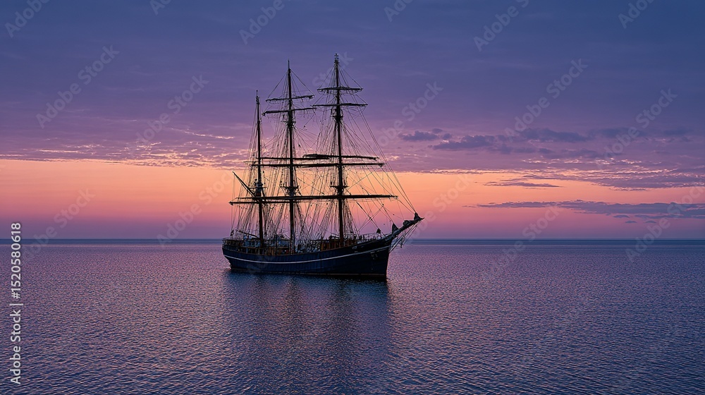 Fototapeta premium A sailing vessel in tranquil waters at sunset.