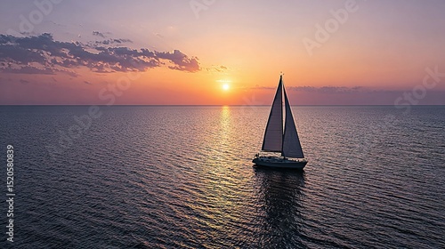 A sailboat on a calm sea at sunset.