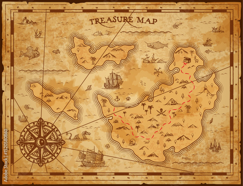 Vintage map of pirate treasures with islands, sea and compass, vector adventure and cartography. Old parchment paper map of pirate treasure island, sail ships, mountains and chest, trees and desert