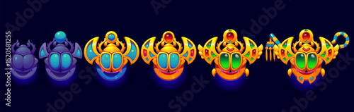 Egypt game rating rank badge, level progress stage. Cartoon Egyptian beetle scarab rank icons with golden wings, gems and magic glow. Vector set of game ui badges for level progression and rewards