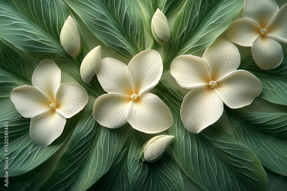 Obraz premium Elegant White Flowers and Buds Surrounded by Rich Green Veined Leaves CloseUp Botanical Still Life