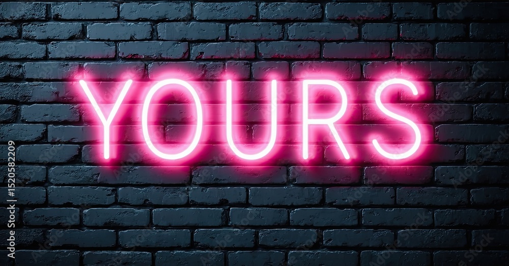 Obraz premium Bright pink neon sign spelling YOURS against dark brick wall. Dramatic lighting creates bold visual impact. Simple, modern aesthetic.
