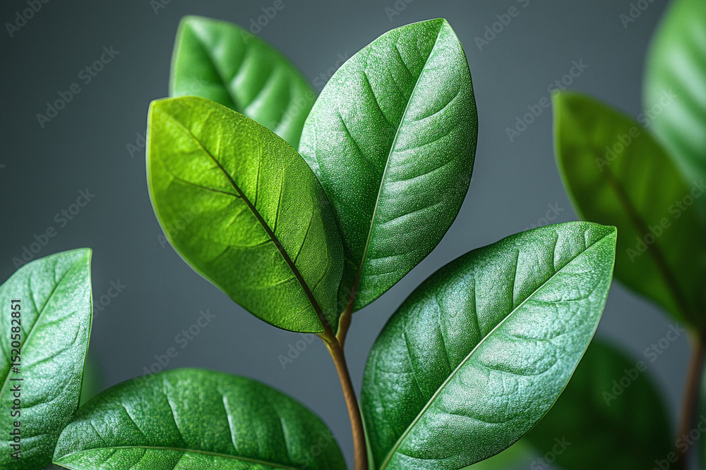 Obraz premium Lush Green Zamioculcas Zamiifolia Leaves CloseUp Against Soft Gray Background, Indoor Plant Beauty