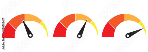 Speed metering icon vector illustration isolated on white background. Green yellow and red, low and high barometers. Normal, Medium and High speed measurement tool. Variety speedometer indicator level