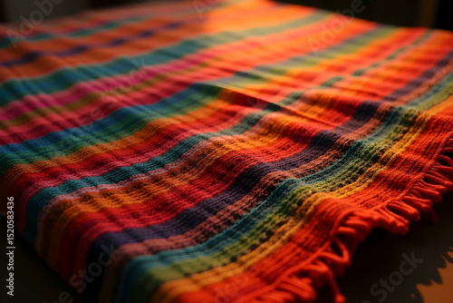 Warm soft lighting gently illuminates the delicate rainbow striped fabric with a detailed weave and soft texture