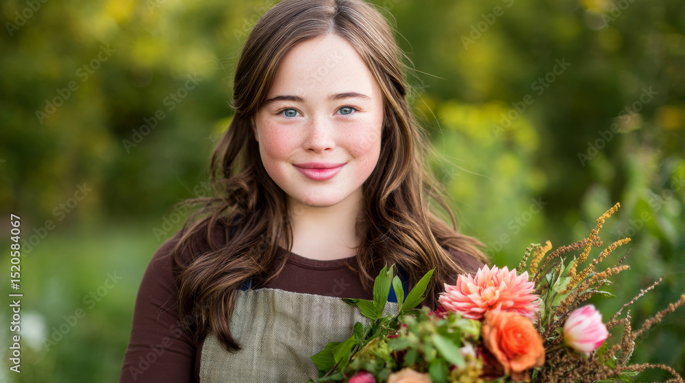 Fototapeta premium Smiling young woman with flowers in a serene garden setting, expressing tranquility and natural beauty