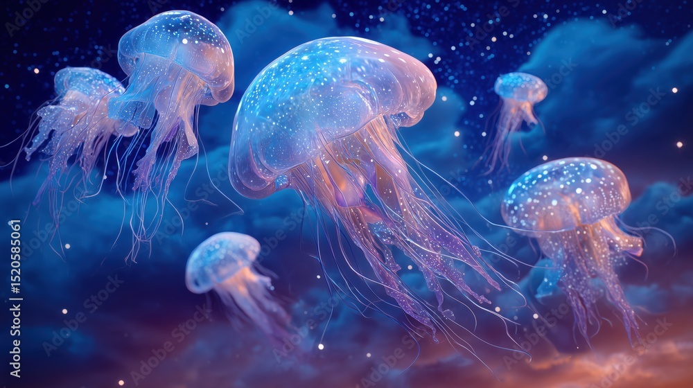 Naklejka premium Fantasy glowing jellyfish floating in a dreamy underwater sky, surreal marine life with stars and colorful bioluminescence in a magical ocean atmosphere