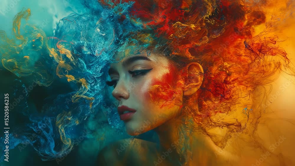 Glamorous Woman Portrait with Abstract Splashes of Orange and Blue Powder Creating Artistic Effect in a Creative Conceptual Design Glamorous Woman Portrait with Abstract Splashes of Orange and Blue Powder Creating Artistic Effect in a Creative Conceptual Design