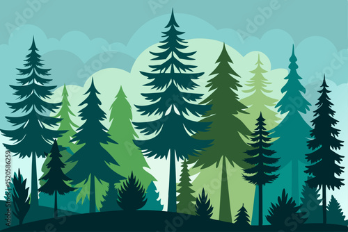 Whimsical Illustration with Pine Fir Spruce and Christmas Trees in a Coniferous Forest Setting Created in Adobe Illustrator