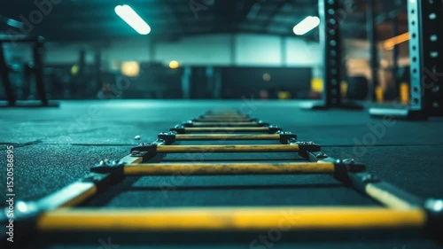 Wallpaper Mural Gym Interior View with Yellow Ladder Drills on Gray Floor in Blurred Dark Background with Spot Lighting for Fitness and Athletic Training Exercise Torontodigital.ca