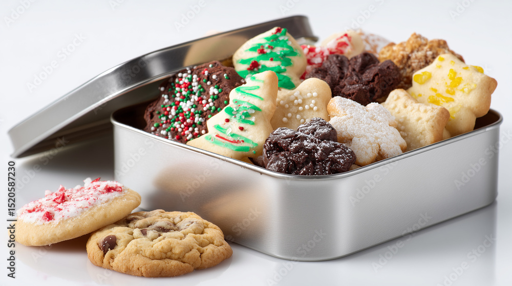 Fototapeta premium Holiday cookie tin open with assorted treats spilling out, isolated on clean white surface.