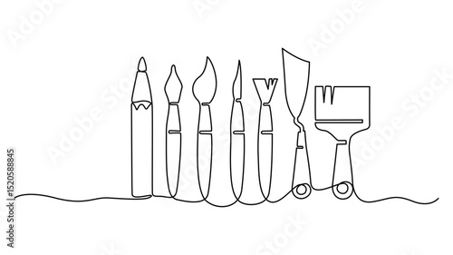 Continuous One Line Drawing of Various Art Supplies